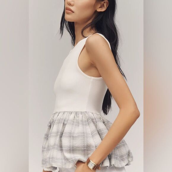 Anthropologie White and Gray Plaid Peplum Tank Top - Picture 2 of 7